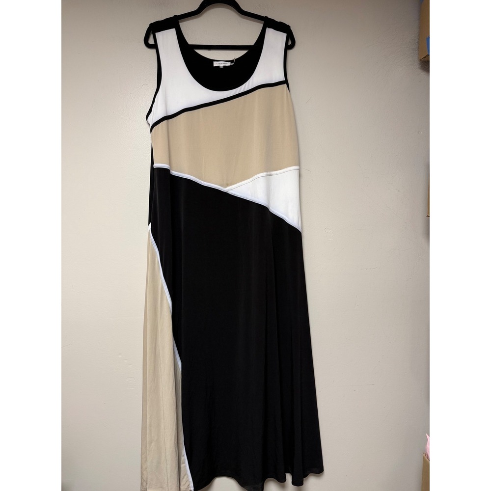 Calvin Klein Maxi Dress Womens 1X Black Tan Colorblock Geometric Sleeveless 8488